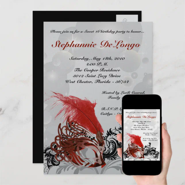 5x7 Red Masquerade Sweet 16 Birthday Invitation Zazzle