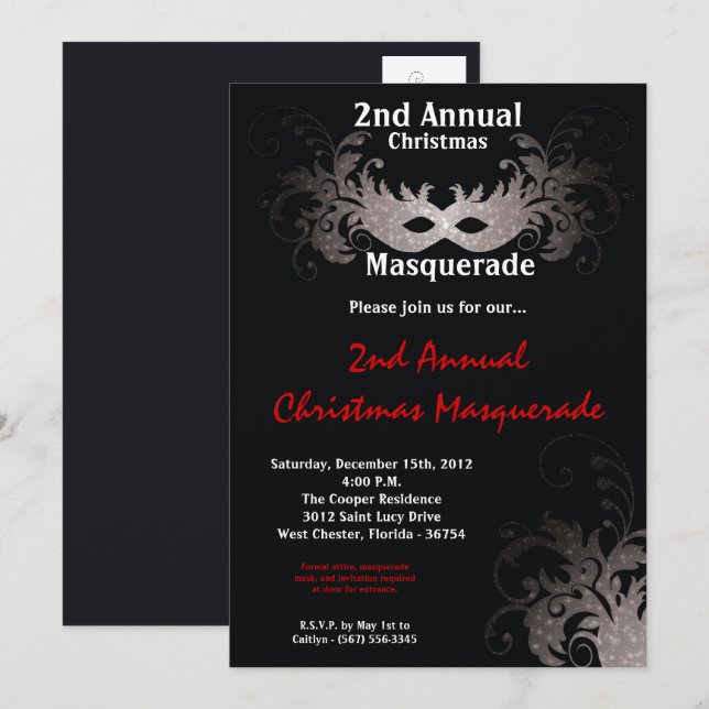 5x7 Red Silver Masquerade Christmas Invitation (Front/Back)