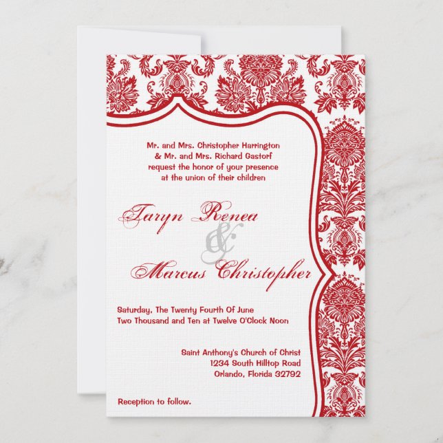5x7 Red White Damask Lace Wedding Invitation (Front)