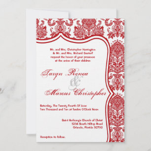 5x7 Red White Damask Lace Wedding Invitation