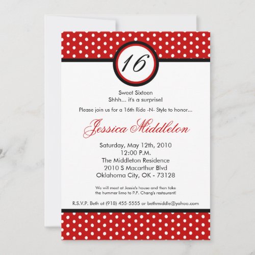 5x7 Red White Polka Dot 16th Birthday Invitation