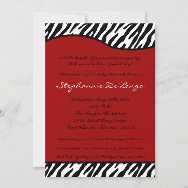 5x7 Red White Zebra Print Baby Shower Invitation (Front)