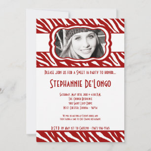 5x7 Red Zebra PHOTO Sweet 16 Birthday Invitation