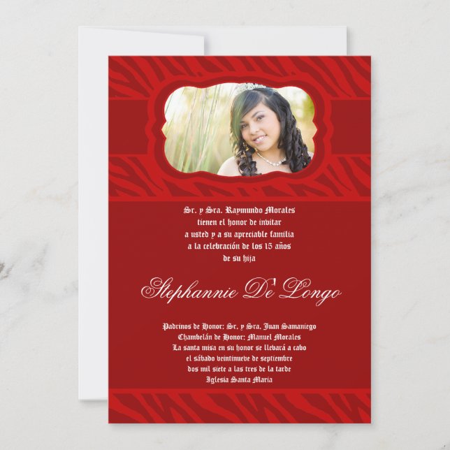 5x7 Red Zebra Print Patter Quinceanera Invitation (Front)