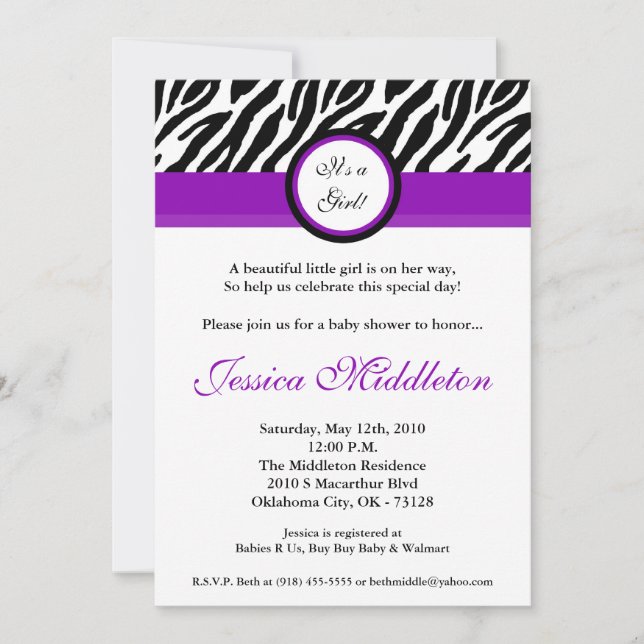 5x7 Roya Purple Zebra Print Baby Shower Invitation (Front)