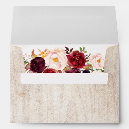 5x7 - Rustic Wood Burgundy Floral & Return Address Envelope - Create your own Envelopes for 5x7 cards with this "Rustic Wood Burgundy Floral Themed Envelope template". You can customize it with your return address on the flap. This envelope design is perfect to match your wedding invitations. 
(1) For further customization, please click the "customize further" link and use our design tool to modify this template. 
(2) If you need help or matching items, please contact me.
