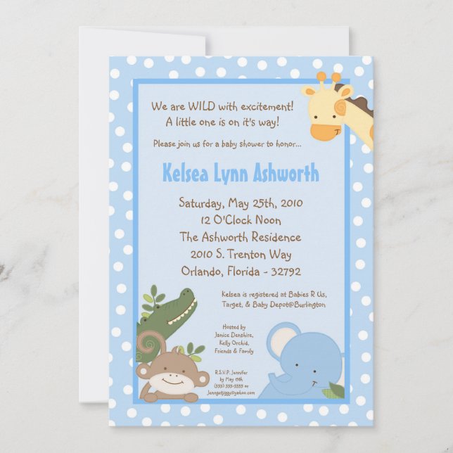 5x7 Safari Jungle ZooAnimal Baby Shower Invitation (Front)