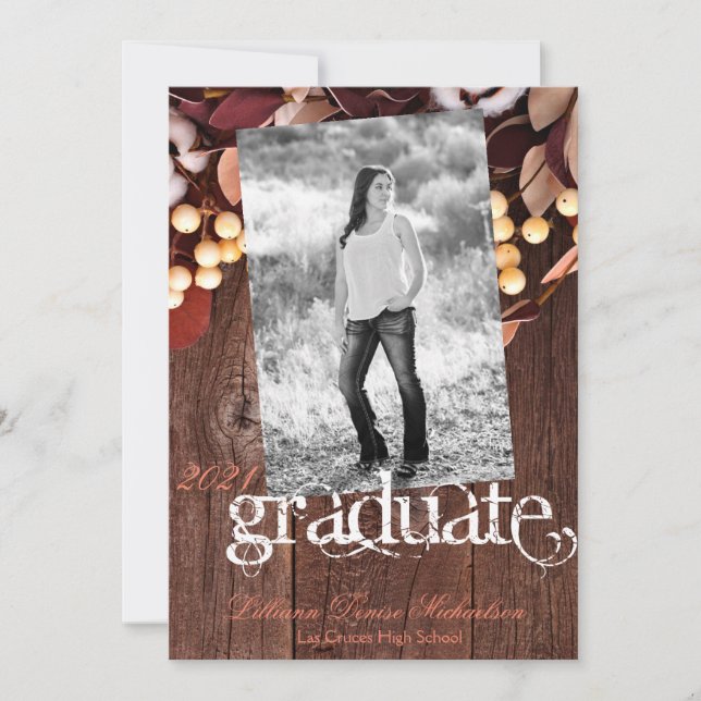 5x7 Senior Announcement Cotton Branch on Dark Wood (Front)