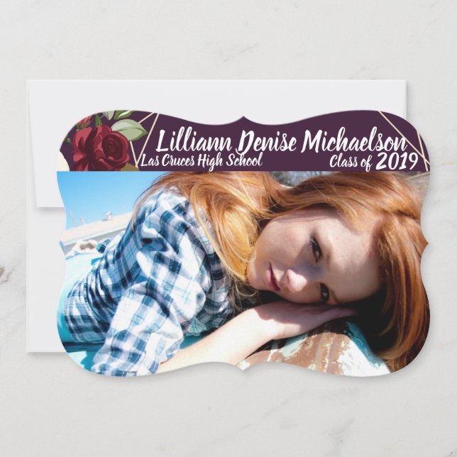 5x7 Senior Announcement Plum Purple Roses Gold Geo (Front)