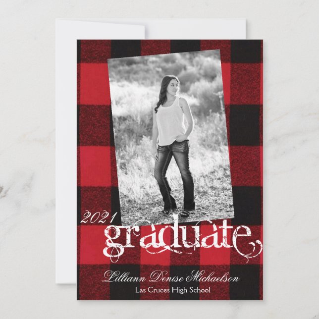5x7 Senior Announcement Red Buffalo Plaid Bear Bla (Front)