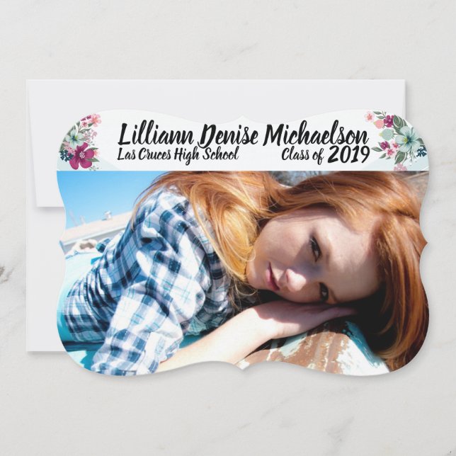 5x7 Senior Announcement Tropical Flowers on Blue O (Front)