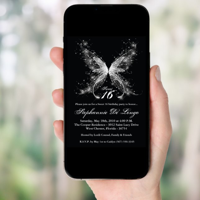 5x7 Sheer Butterfly Sweet 16 Birthday Invitation (Front Digital)