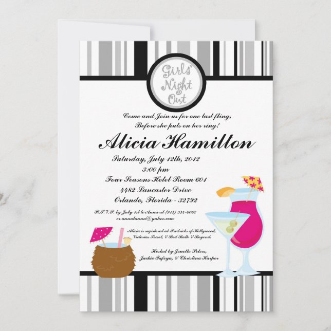 5x7 Silver Cocktails Bachelorette Invitation (Front)
