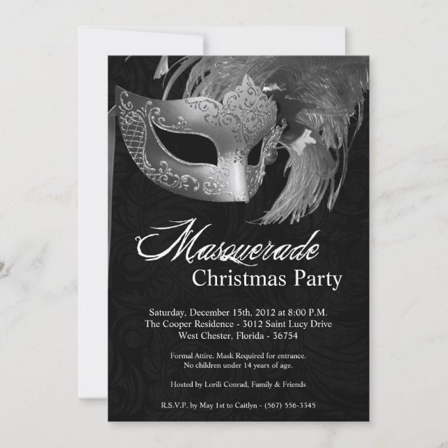 5x7 Silver Masquerade Christmas XMAS Invitation (Front)