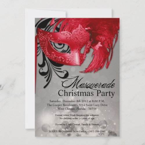 5x7 Silver Red Masquerade Christmas Invitation