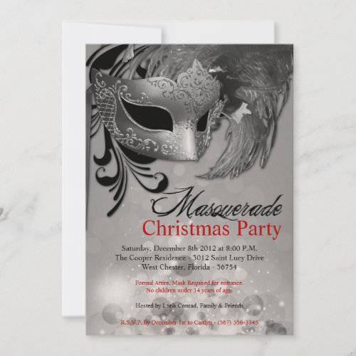 5x7 Silver Red Masquerade Christmas Invitation