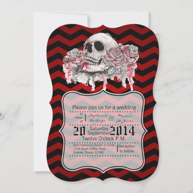 5x7 skull Rose Gothic Chevron r Wedding Invitation (Front)
