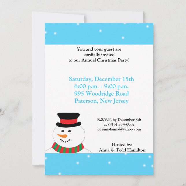 5x7 Snowy Snowman Invitation (Front)