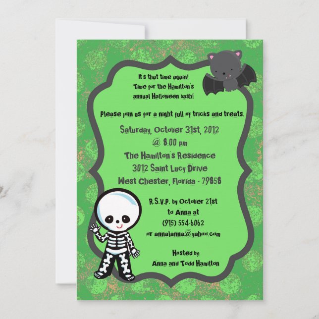5x7 Spooky Kids Green Halloween Party Invitation (Front)