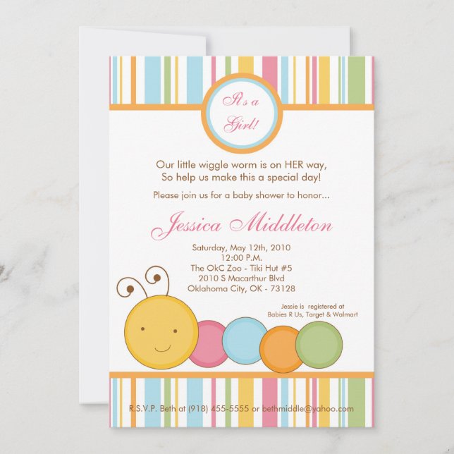 5x7 Spring Caterpillar Worm Baby Shower Invitation (Front)