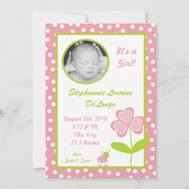 5x7 Spring Insect LadyBug PHOTO Birth Announcement (Front)
