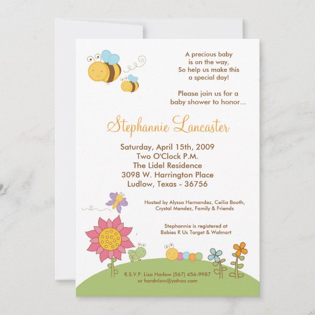 5x7 Spring Insects Flowers Baby Shower Invitation (Front)