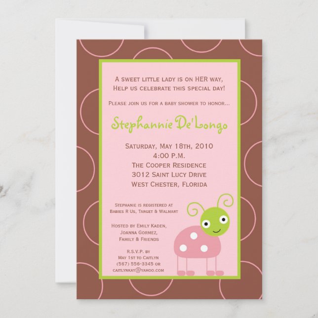 5x7 Spring Pink Lady Bug Baby Shower Invitation (Front)