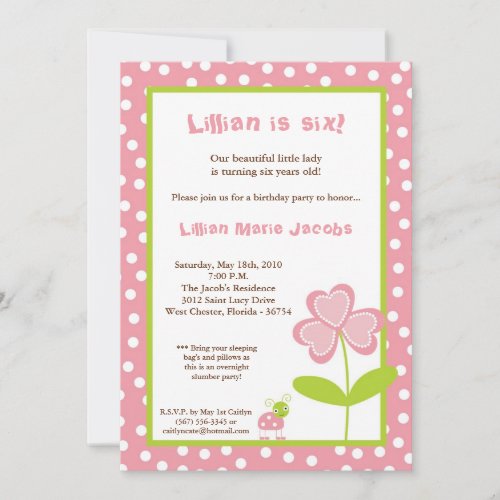 5x7 Spring Time Lady Bug Birthday Party Invitation