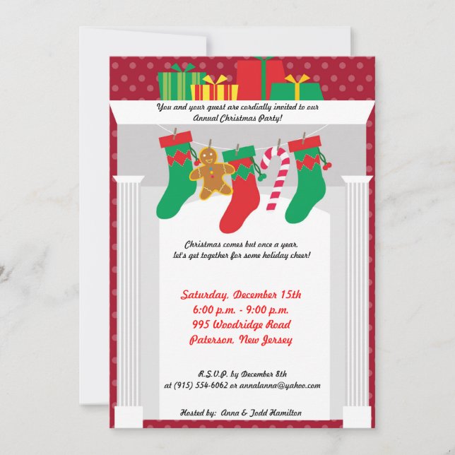 5x7 Stocking / Presents on Fire Place Invitation (Front)