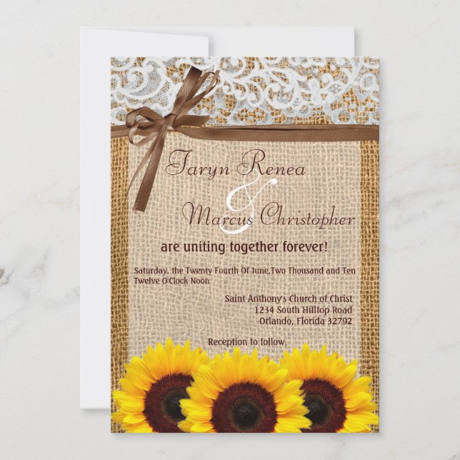 5x7 Sunflower Lace Burlap Count Wedding Invitation (Front)