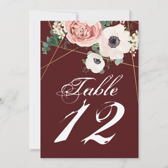 5x7 Table Number Card Geometric Garden Rose Wine (Front)