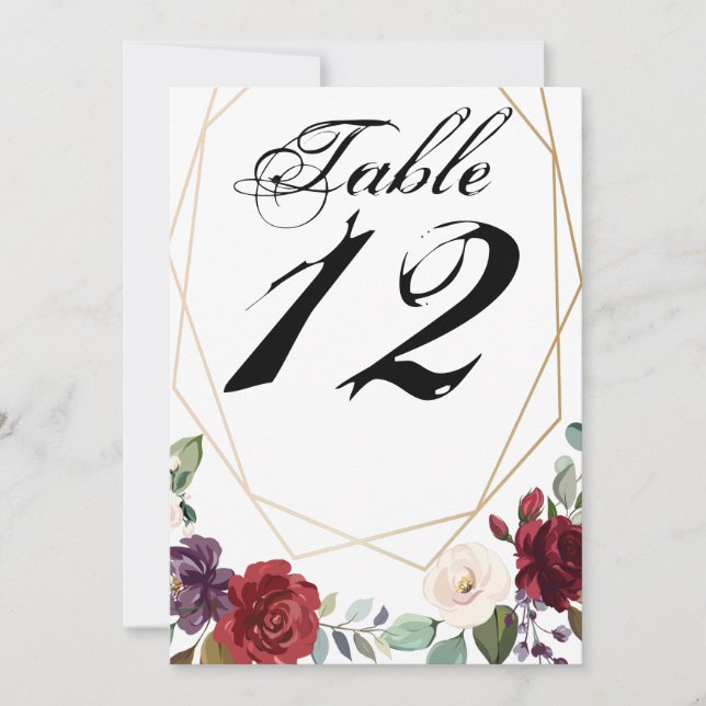 5x7 Table Number Card White Roses Gold Geometric (Front)