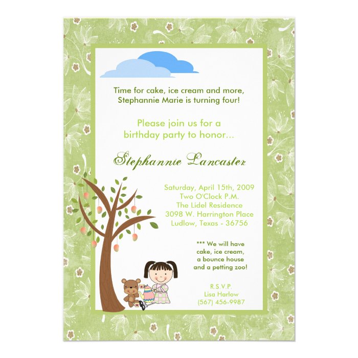 5x7 Tea Party Bear Girl Birthday Party Invitation