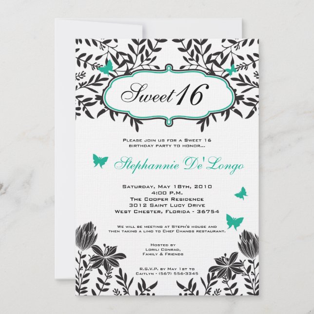 5x7 Teal Butterfly Sweet 16 Birthday Invitation (Front)
