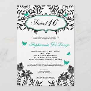 5x7 Teal Butterfly Sweet 16 Birthday Invitation