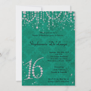 5x7 Teal Diamond Sweet 16 Birthday Invitation