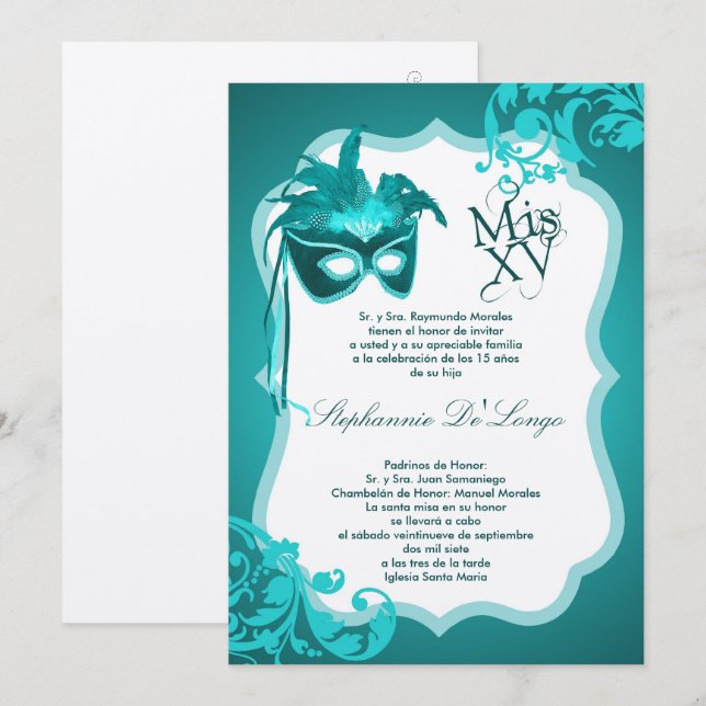 5x7 Teal Masquerade Mask Quinceanera Invitation (Front/Back)