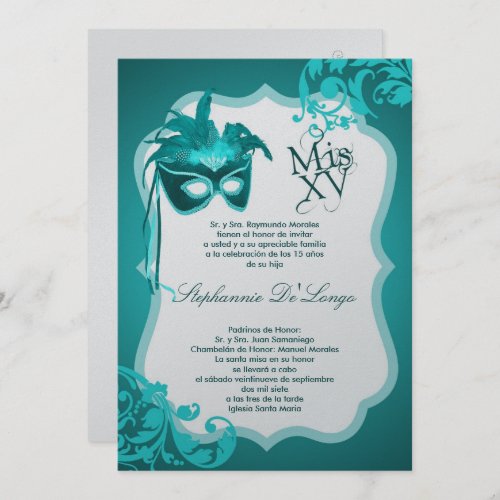 5x7 Teal Masquerade Mask Quinceanera Invitation