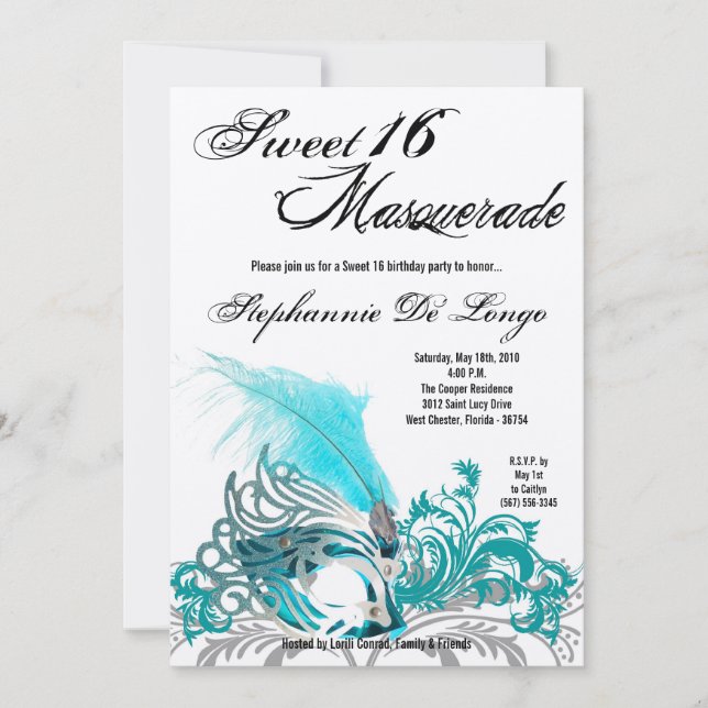 5x7 Teal Masquerade Sweet 16 Birthday Invitation (Front)
