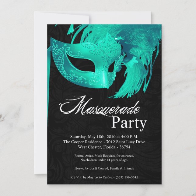 5x7 Teal Masquerade Sweet 16 Birthday Invitation (Front)