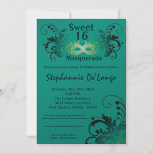 5x7 Teal Masquerade Sweet 16 Birthday Invitation