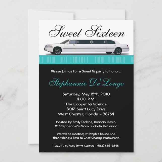 5x7 Teal Turquoi Limo Sweet 16 Birthday Invitation (Front)