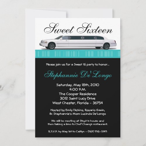 5x7 Teal Turquoi Limo Sweet 16 Birthday Invitation