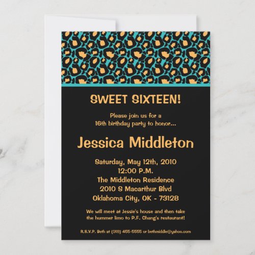 5x7 Teal Turquois Cheetah 16th Birthday Invitation