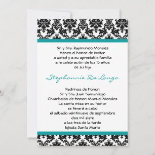 5x7 Teal Turquoise Damask Quinceanera Invitation