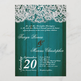 5x7 Teal Wood and Lace Wedding Invitation
