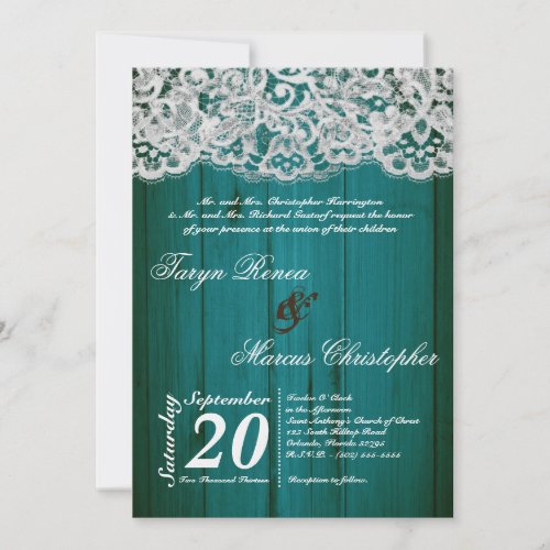 5x7 Teal Wood and Lace Wedding Invitation