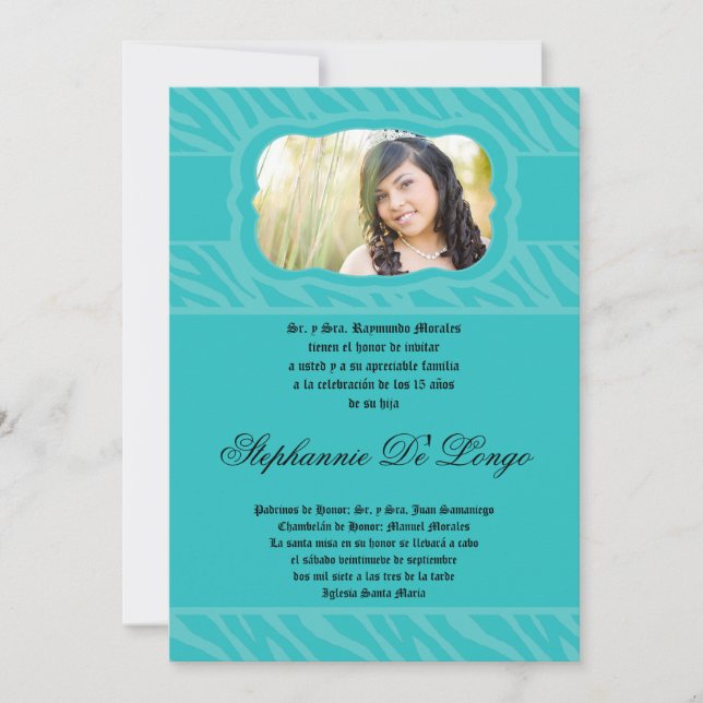 5x7 Teal Zebra Print Patter Quinceanera Invitation (Front)