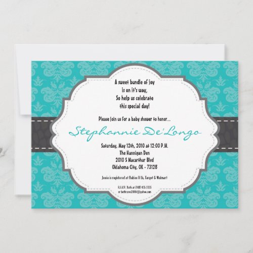 5x7 TealBlue Damask Cheetah Baby Shower Invitation