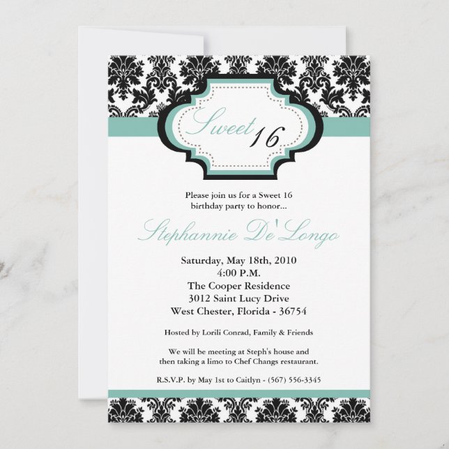 5x7 TiffanyBlu Damask Sweet 16 Birthday Invitation (Front)